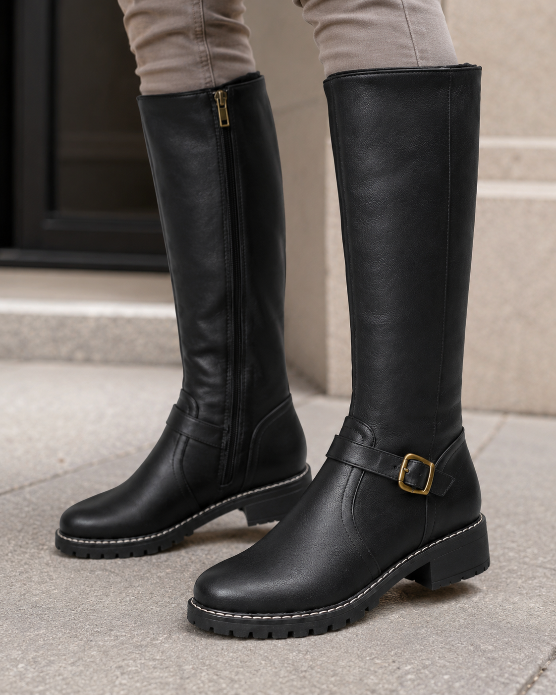 Buckle Side Zip Lug Sole Knee High Boots