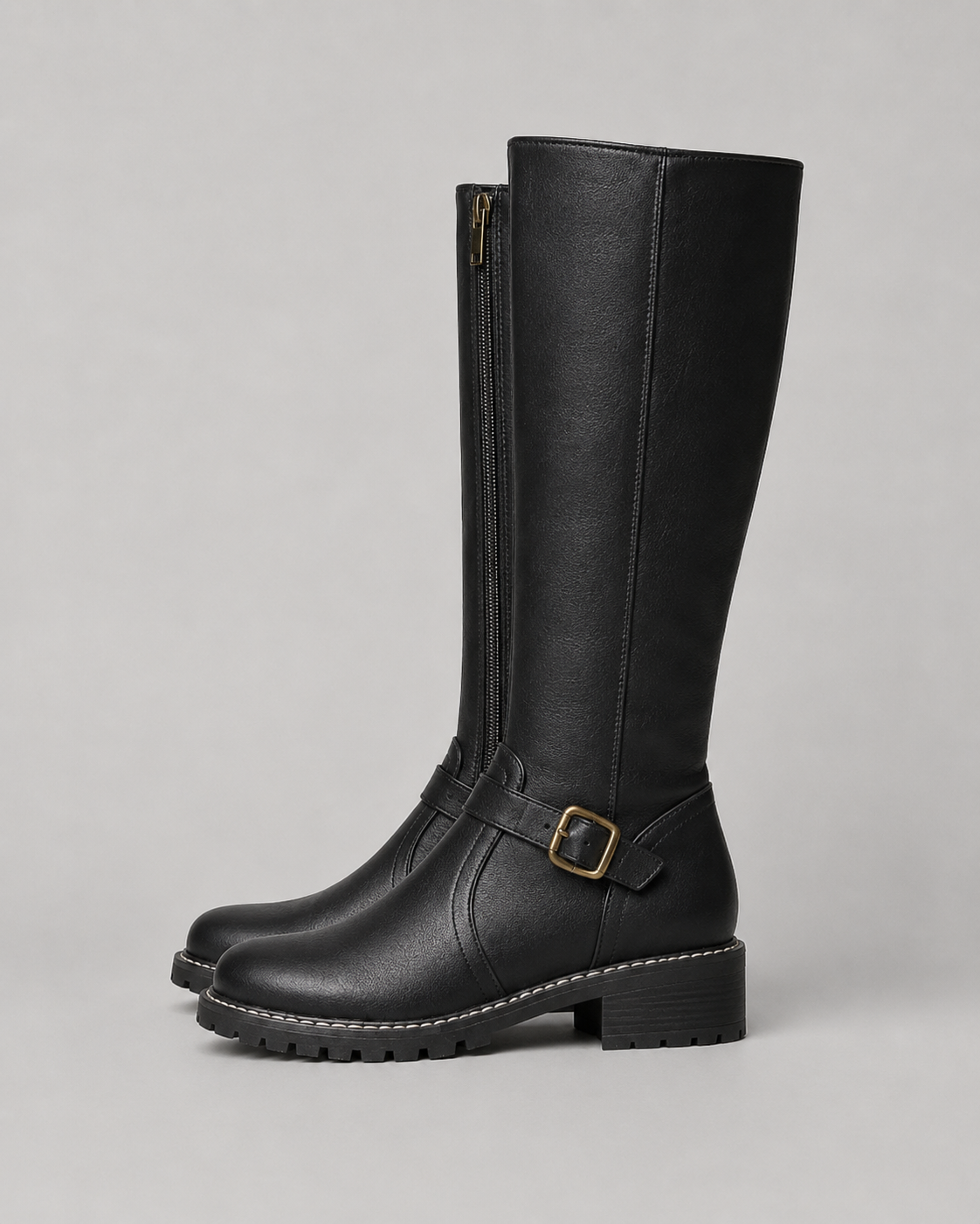 Buckle Side Zip Lug Sole Knee High Boots