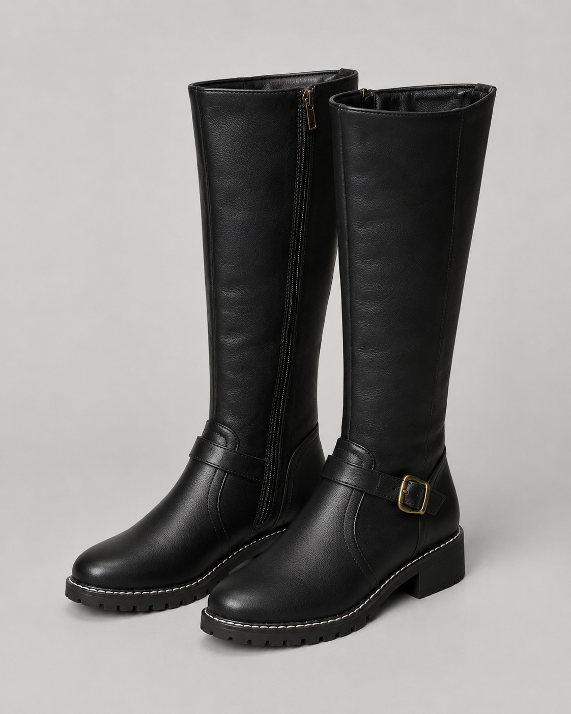 Buckle Side Zip Lug Sole Knee High Boots