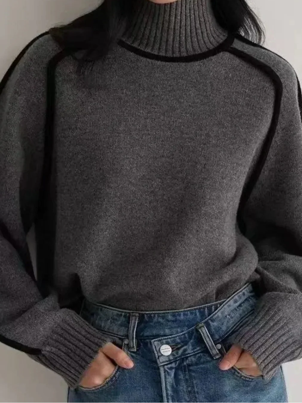 Turtleneck Long Sleeve Contrast Trim Sweater