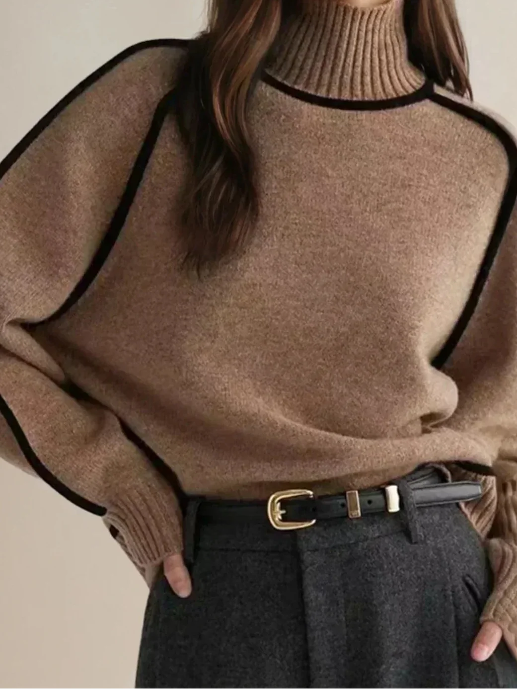 Turtleneck Long Sleeve Contrast Trim Sweater