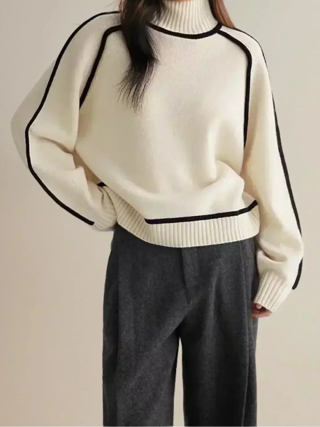 Turtleneck Long Sleeve Contrast Trim Sweater