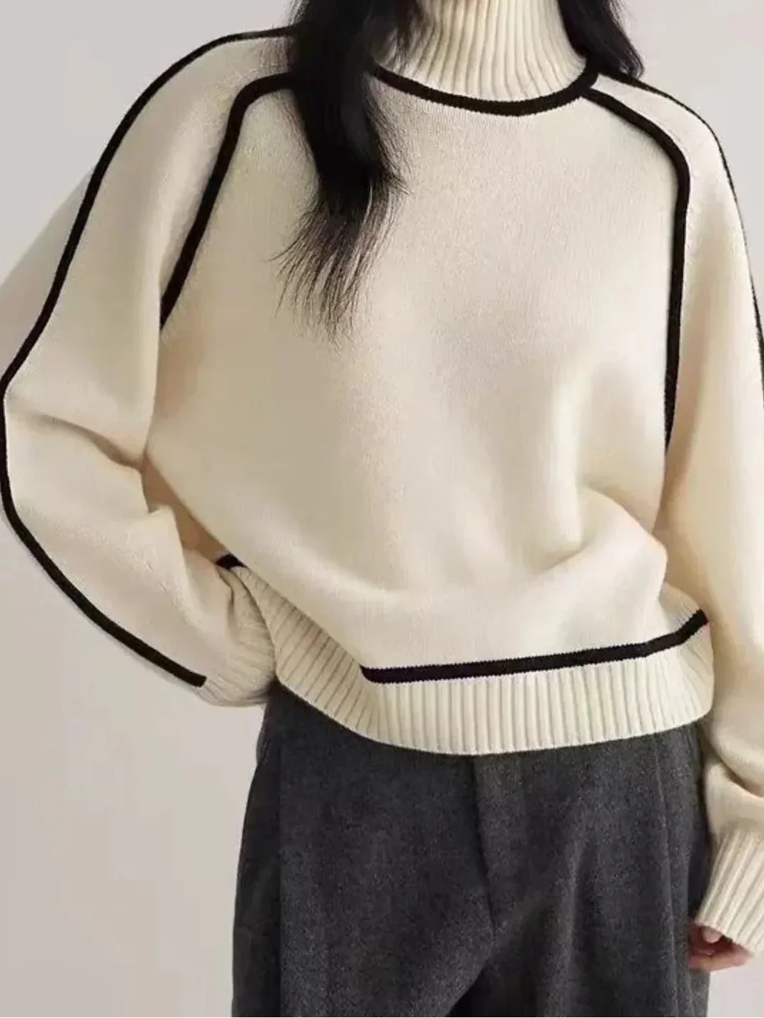 Turtleneck Long Sleeve Contrast Trim Sweater