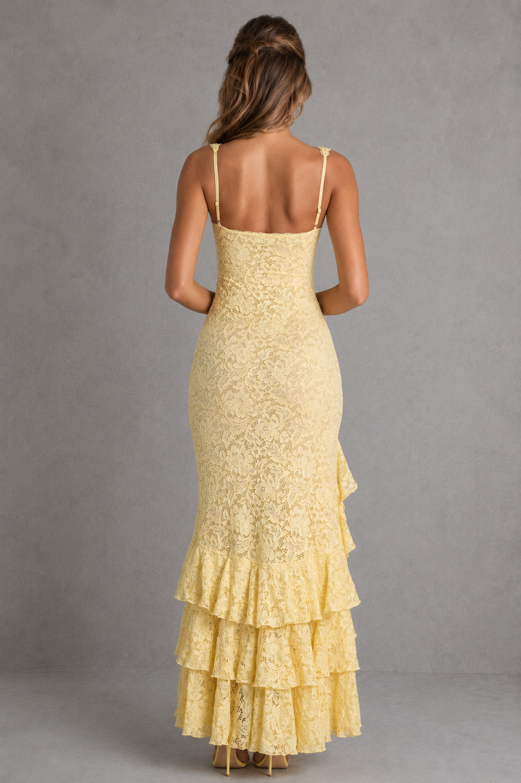 Women's Lace Maxi Dress with High Split & Ruffle Hem
