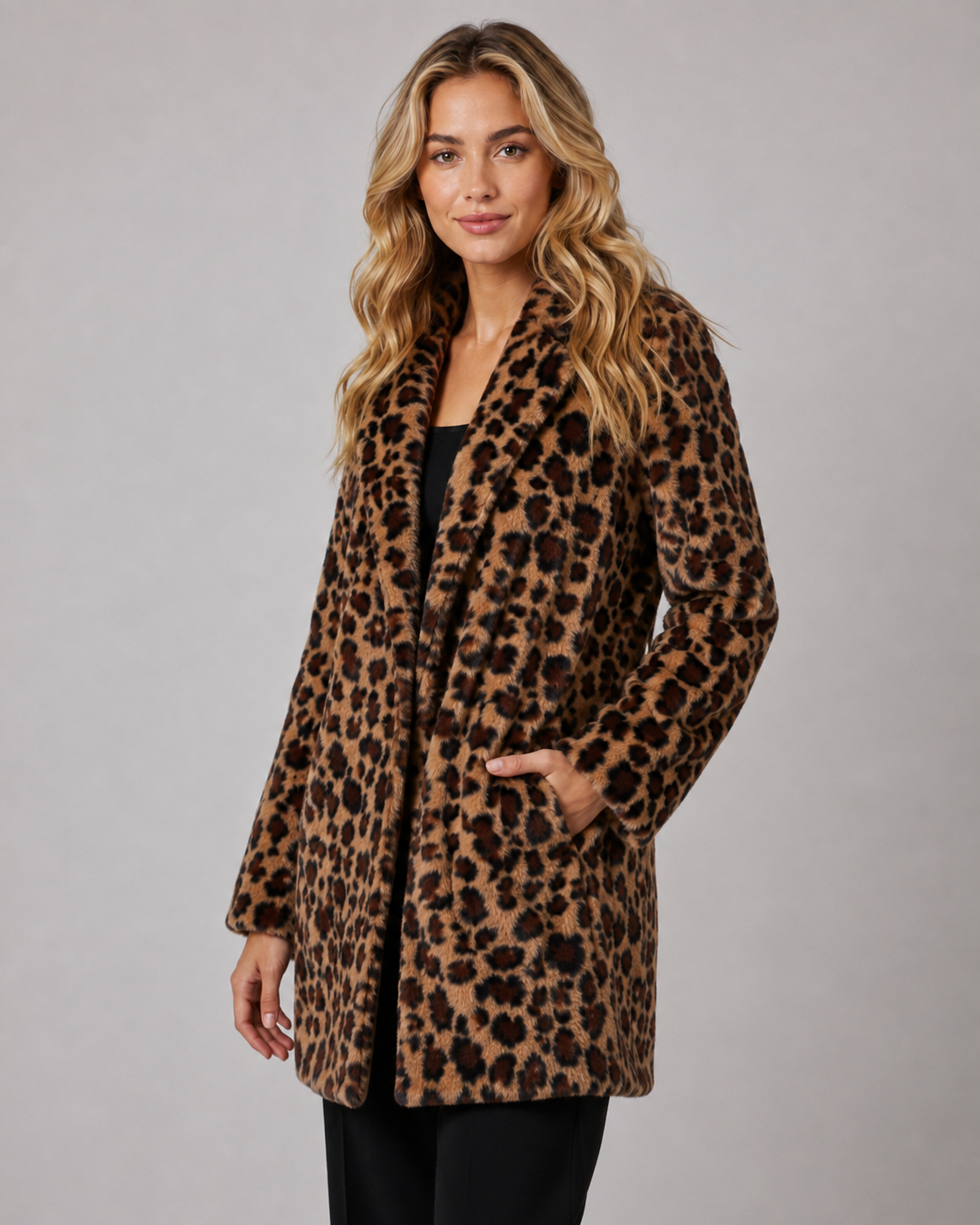Leopard Print Faux Fur Shawl Collar Longline Coat