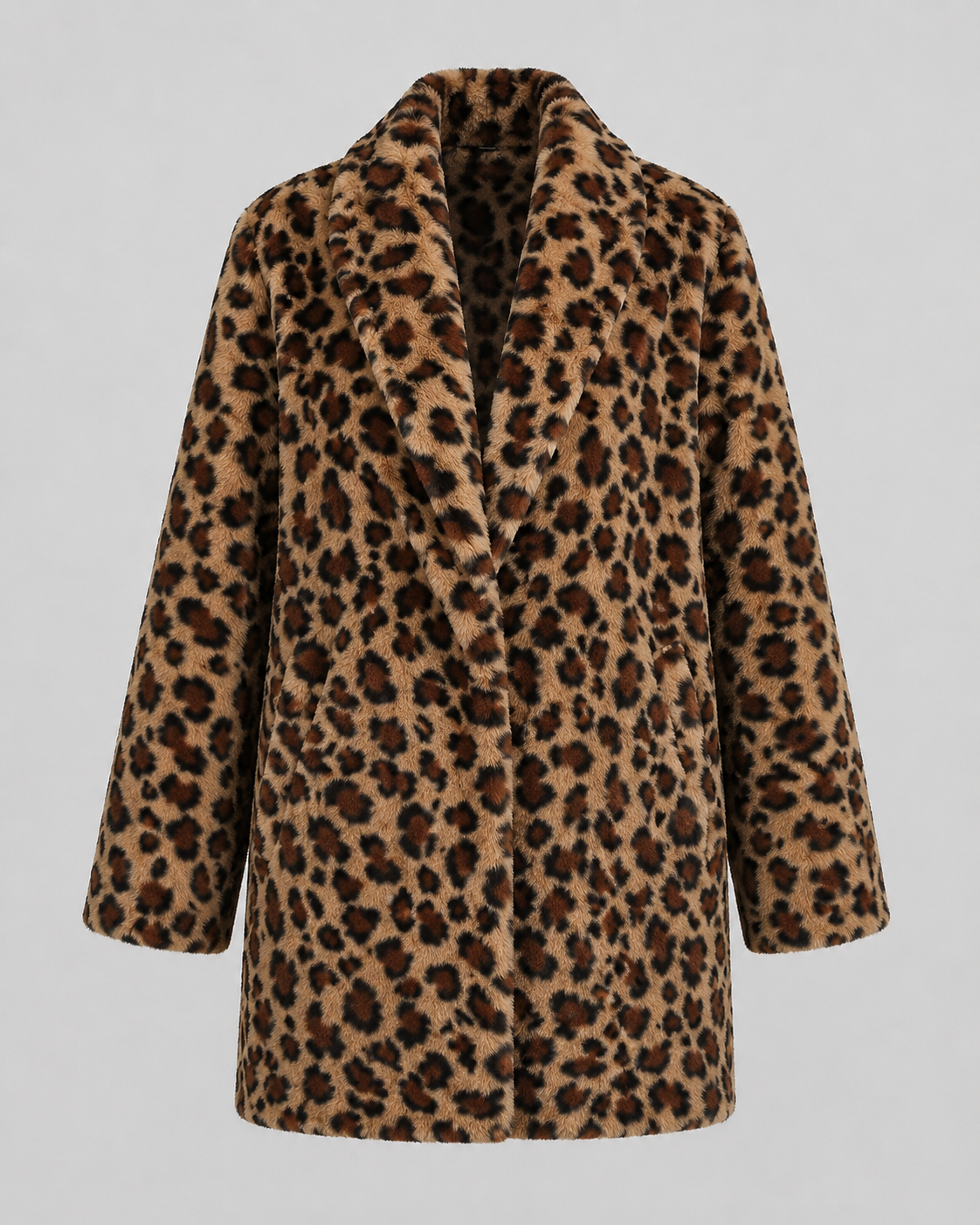 Leopard Print Faux Fur Shawl Collar Longline Coat