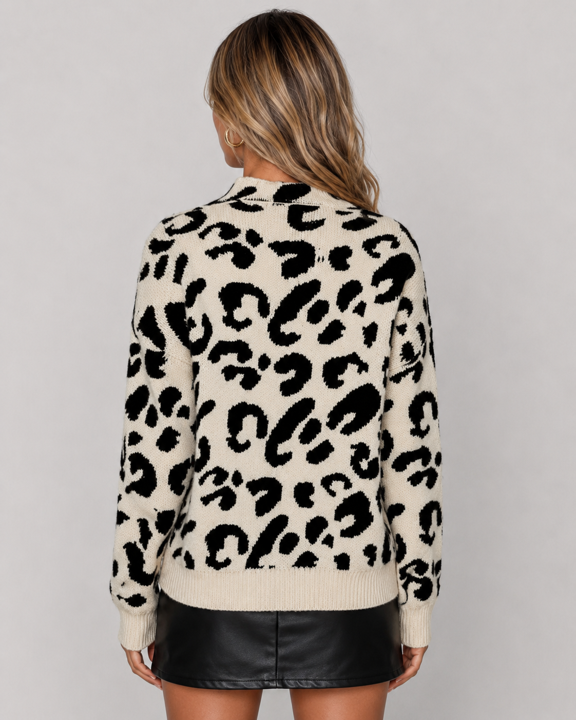 Leopard Print Mock Neck Long Sleeve Knit Sweater