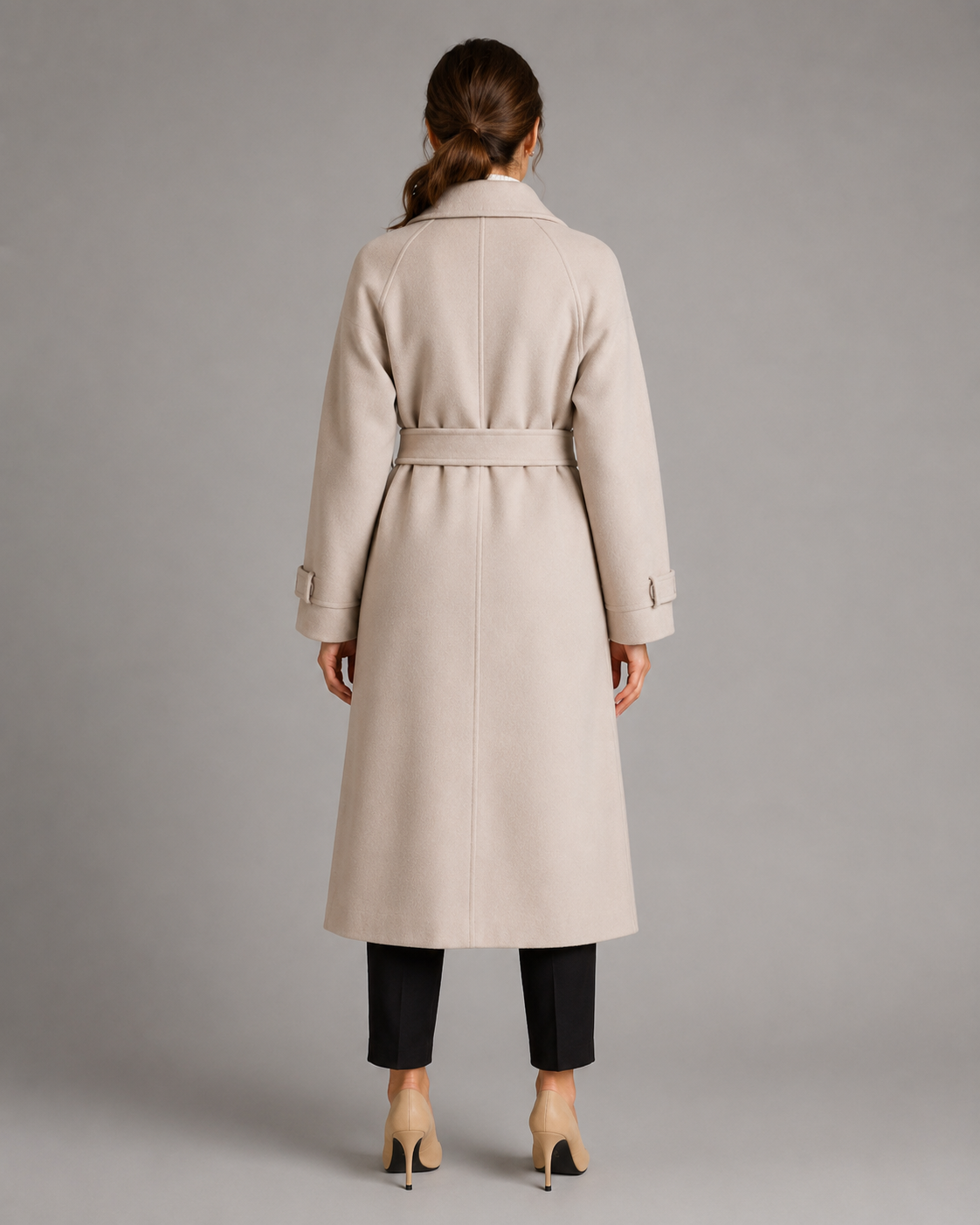 Women's Long Belted Wool Coat - Notch Lapel