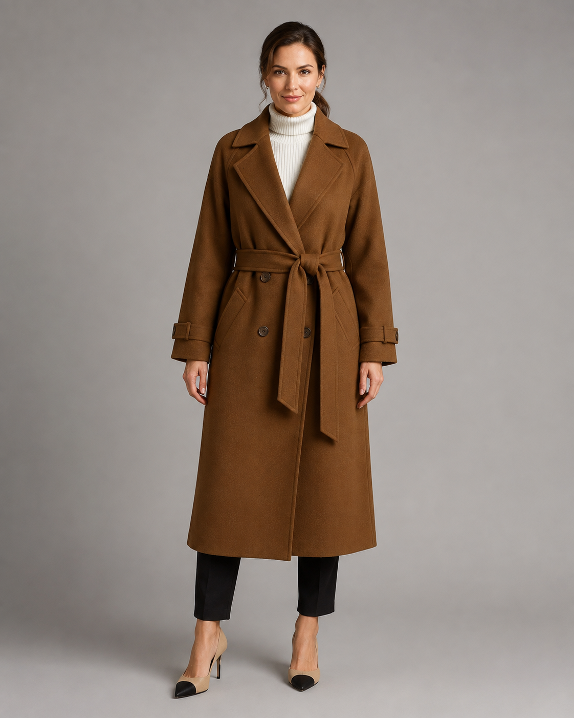 Women's Long Belted Wool Coat - Notch Lapel