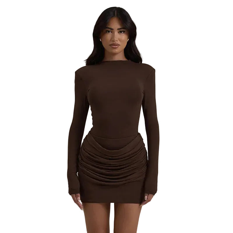 High Neck Long Sleeve Ruched Bodycon Mini Dress