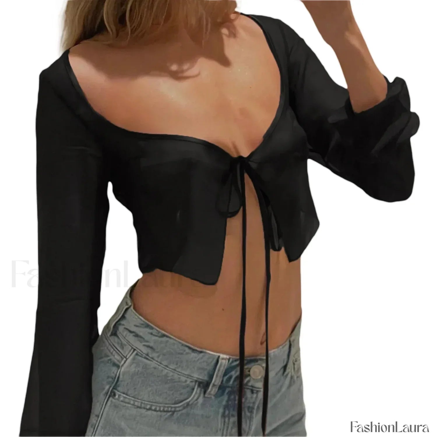 Women's Long Sleeve Solid Tie-Up Mesh Crop Top