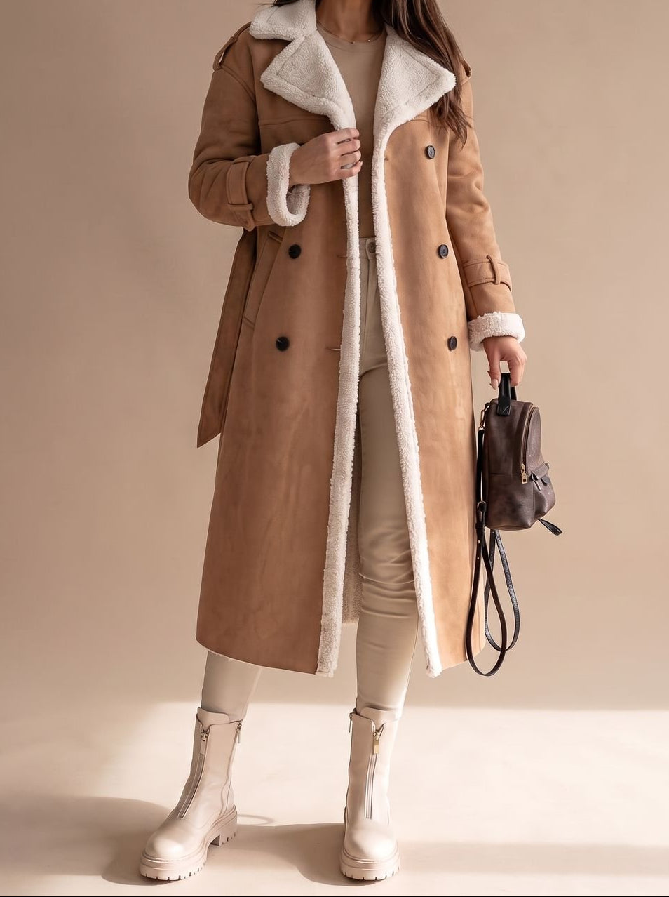 Grace | Women's Long Teddy Winter Coat Double-Breasted Sherpa Belted