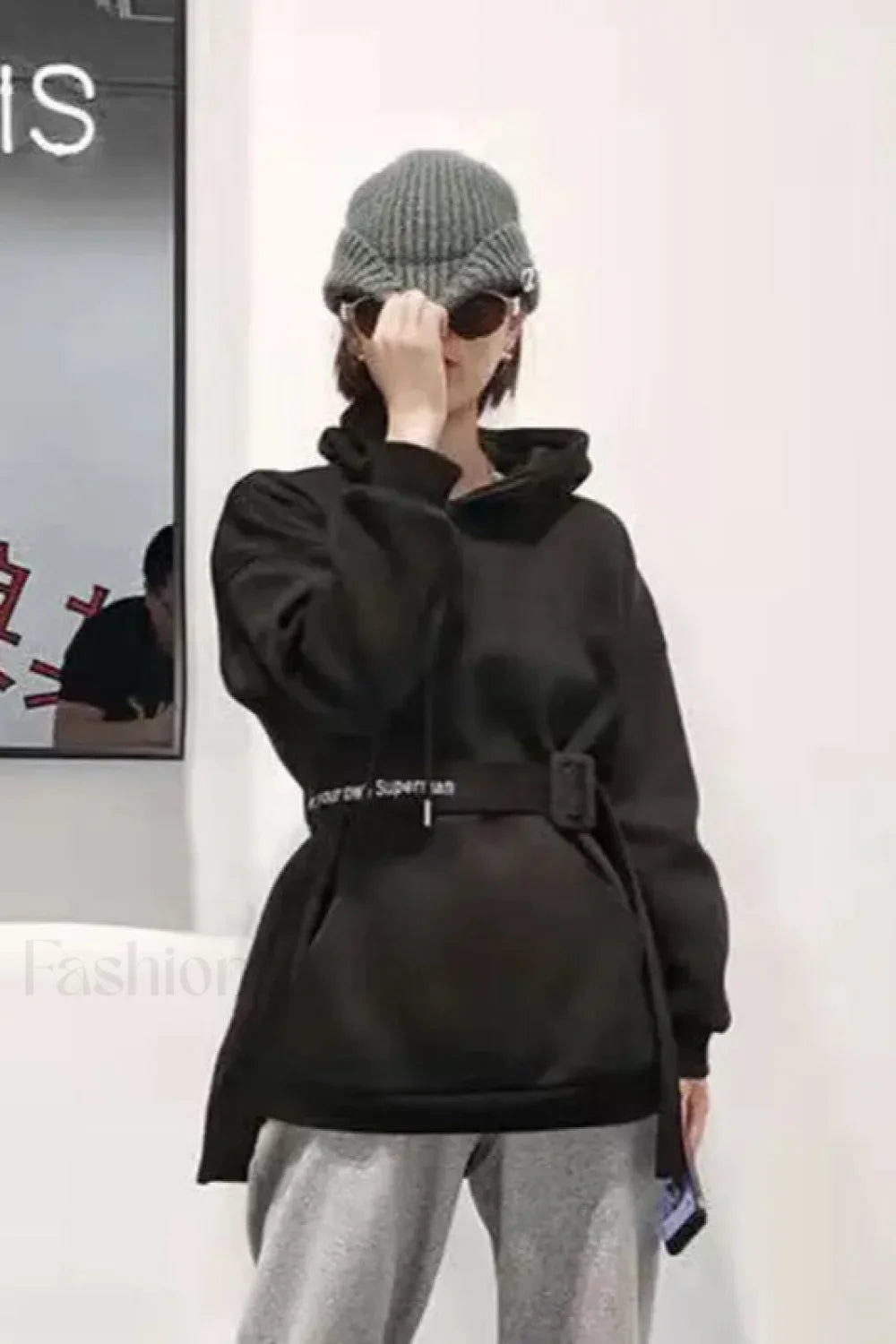 Women’s Loose Fit Hooded Hoodie Black (plus velvet) / S