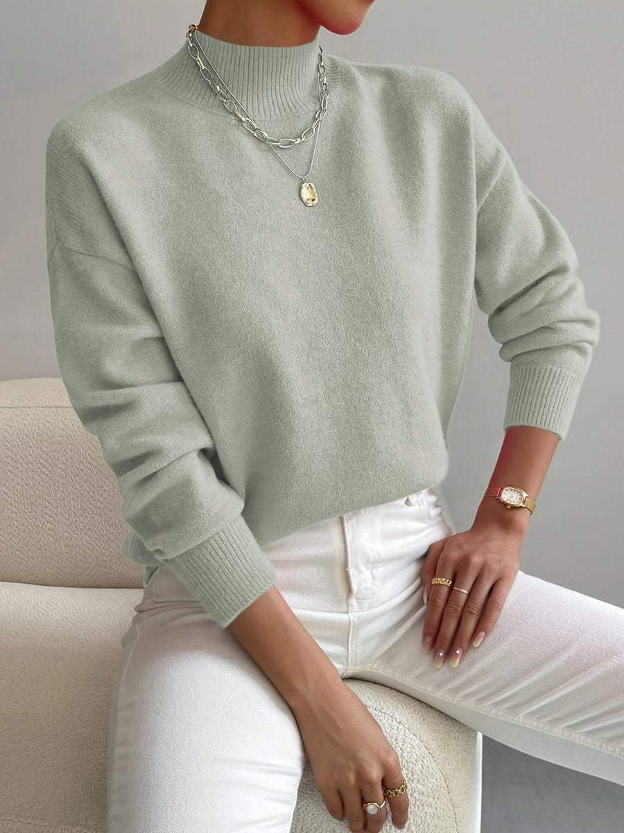 Mock Neck Drop Shoulder Long Sleeve Knit Sweater