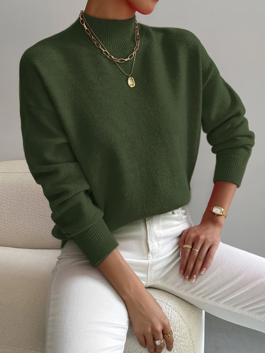Mock Neck Drop Shoulder Long Sleeve Knit Sweater