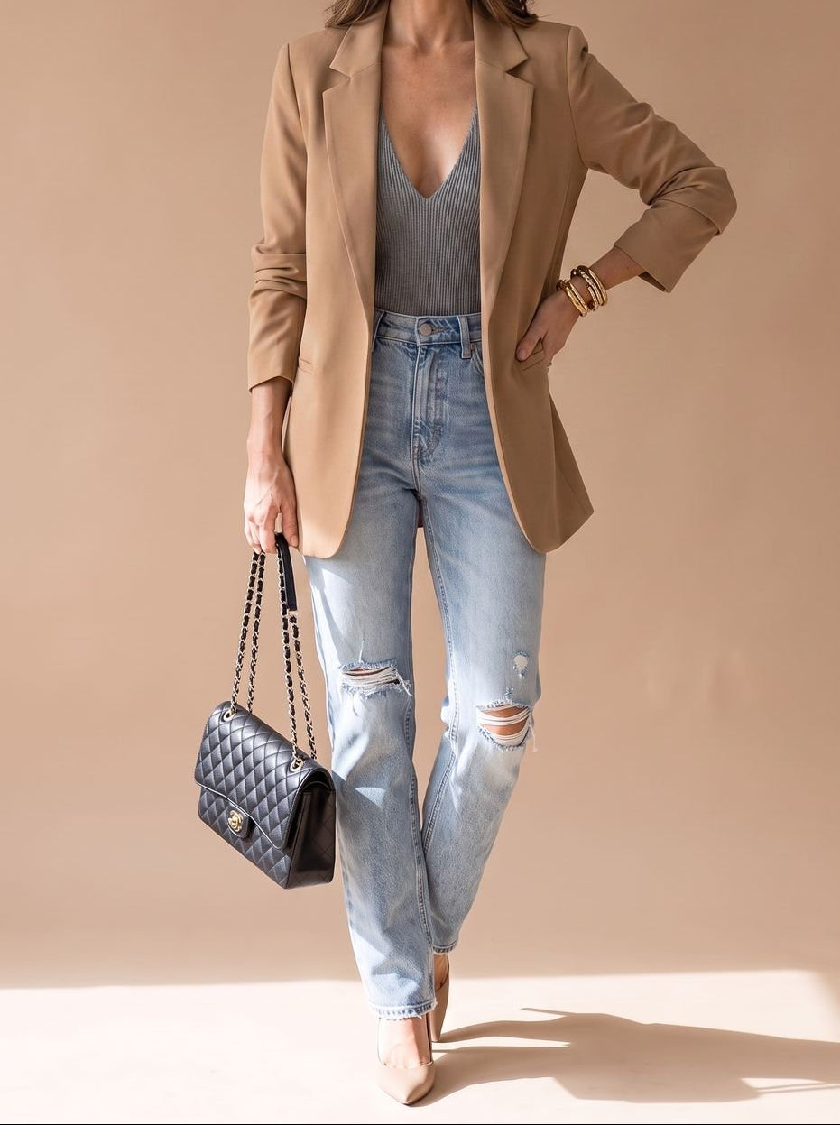 Open Front Notch Lapel Longline Blazer