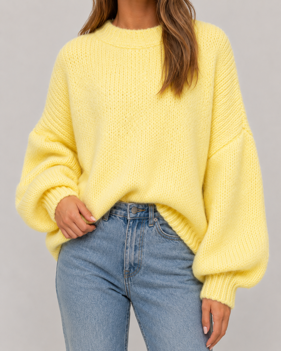 Crew Neck Balloon Sleeve Oversized Chunky Knit Sweater