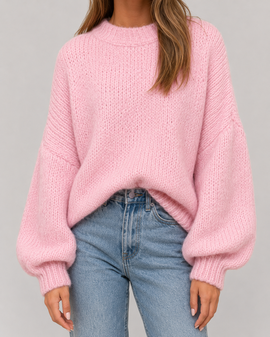 Crew Neck Balloon Sleeve Oversized Chunky Knit Sweater