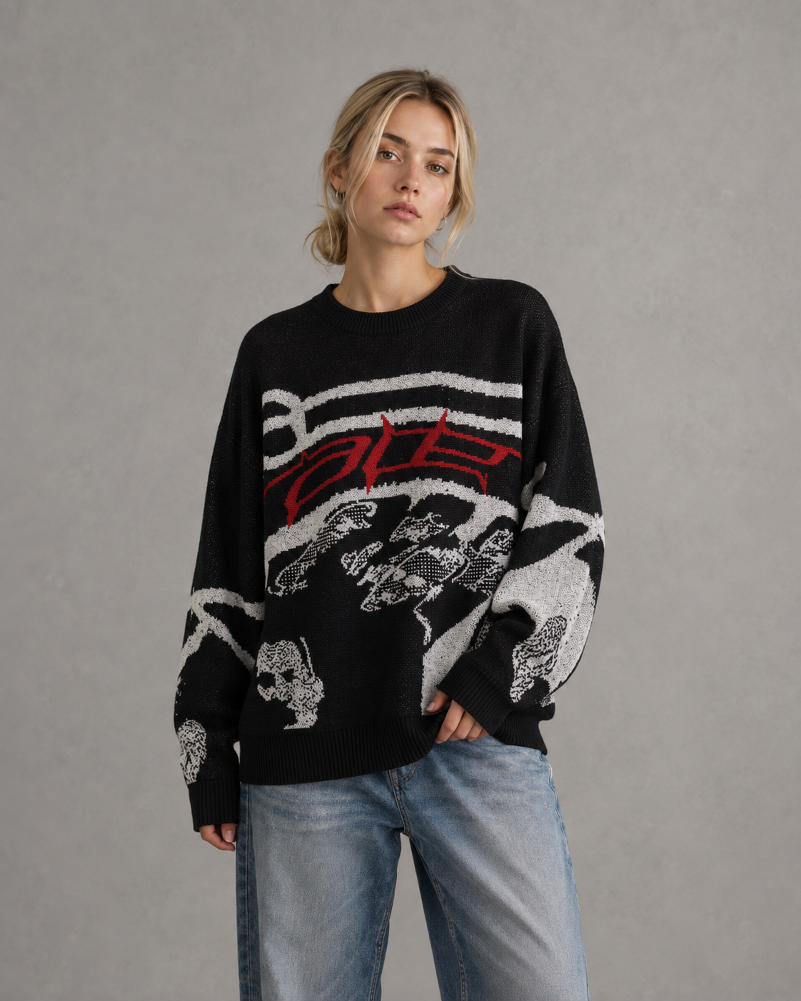 Graphic Print Crew Neck Oversized Knit Sweater