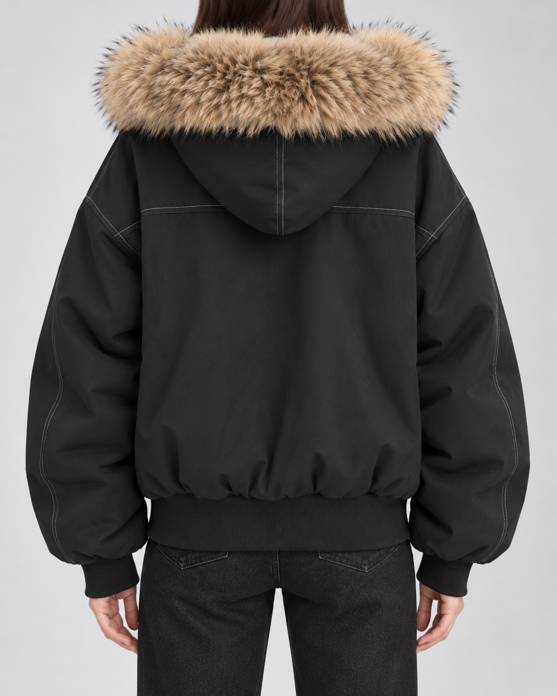 Women's Oversized Hooded Bomber Jacket with Fur Trim