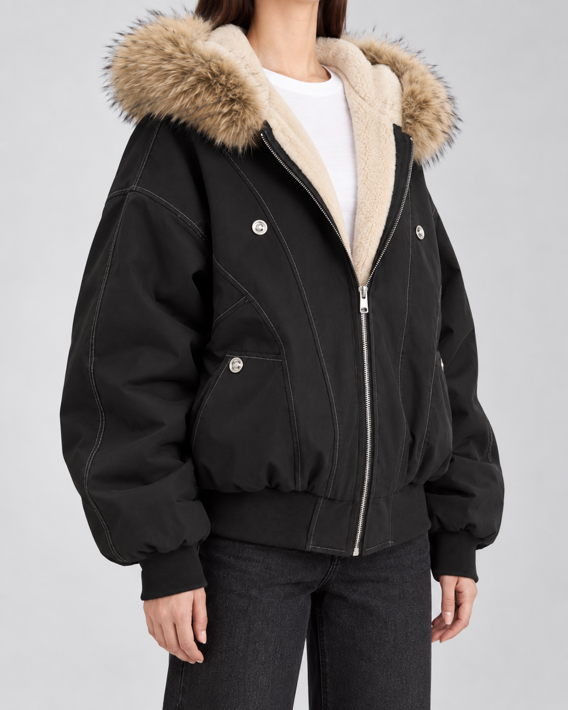 Women's Oversized Hooded Bomber Jacket with Fur Trim