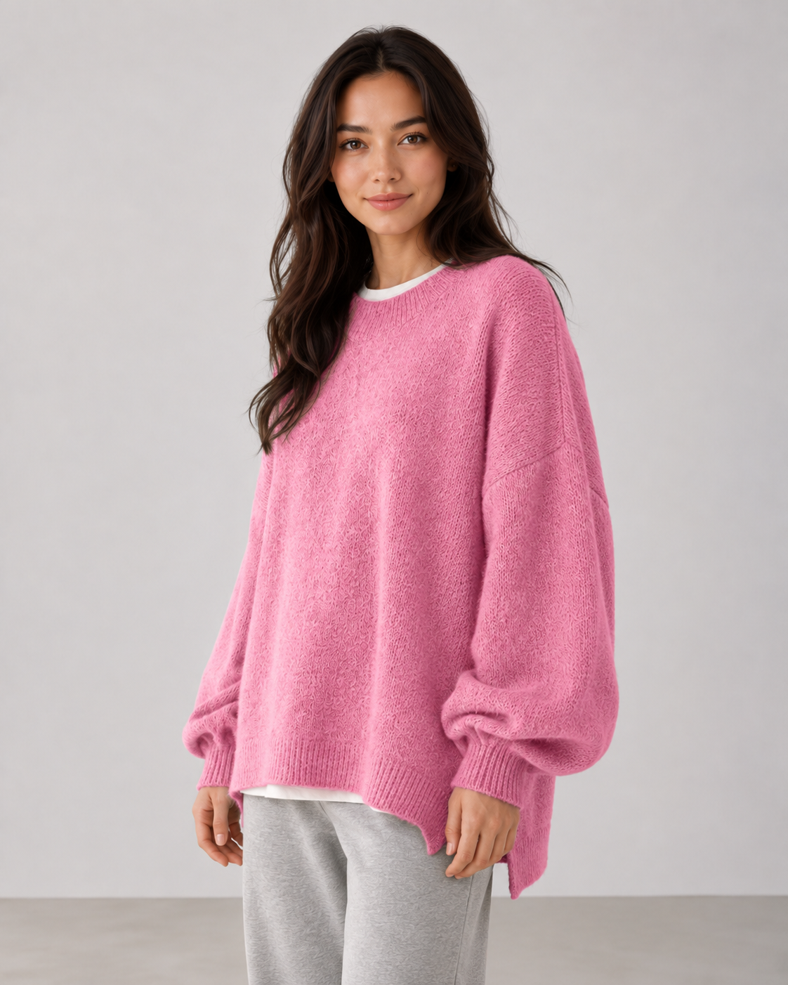 Women's Oversized Knit Sweater - Balloon Sleeve Crew Neck Relaxed Fit