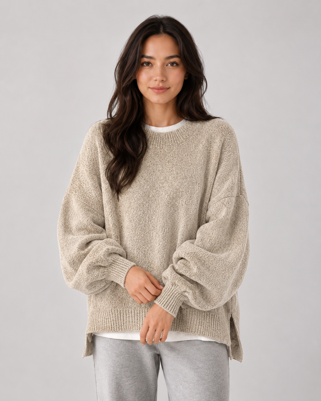 Women's Oversized Knit Sweater - Balloon Sleeve Crew Neck Relaxed Fit