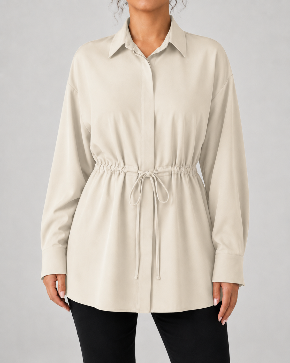 Collared Long Sleeve Drawstring Waist Oversized Longline Shirt