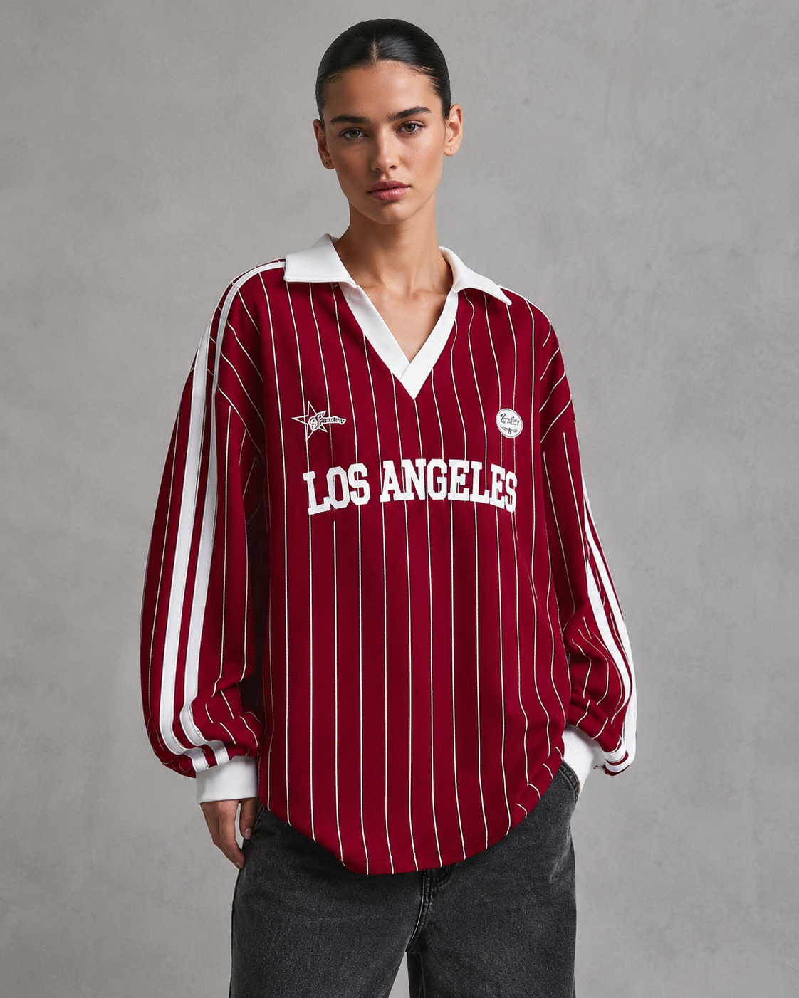 Striped Collared Long Sleeve Oversized Varsity Jersey Top