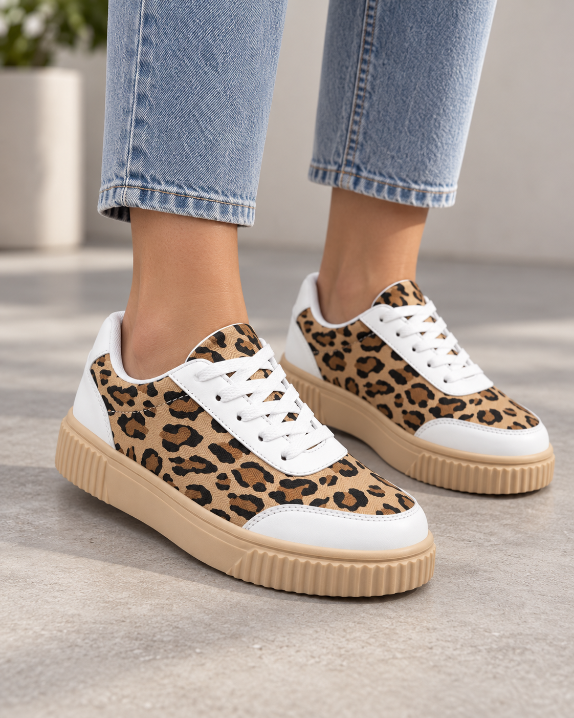Leopard Print Lace Up Platform Sneakers