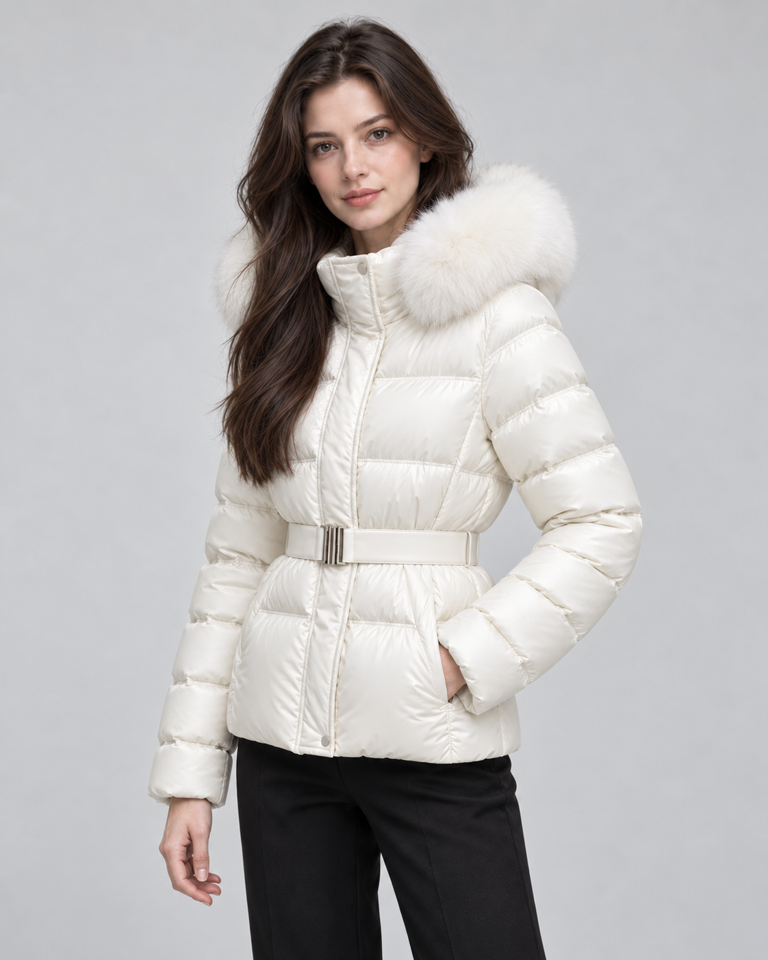 Faux Fur Hood Belted Waist Quilted Puffer Jacket