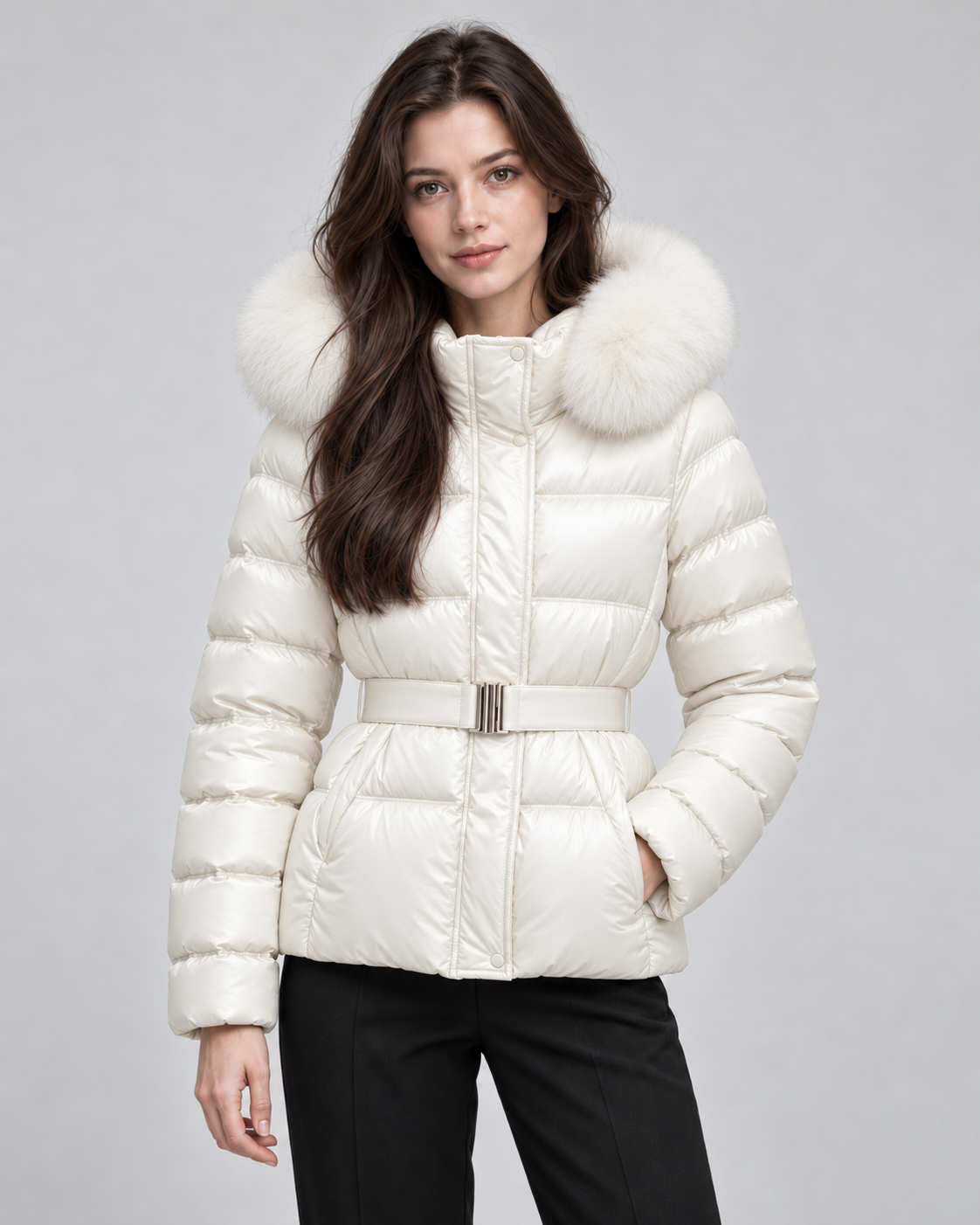 Faux Fur Hood Belted Waist Quilted Puffer Jacket
