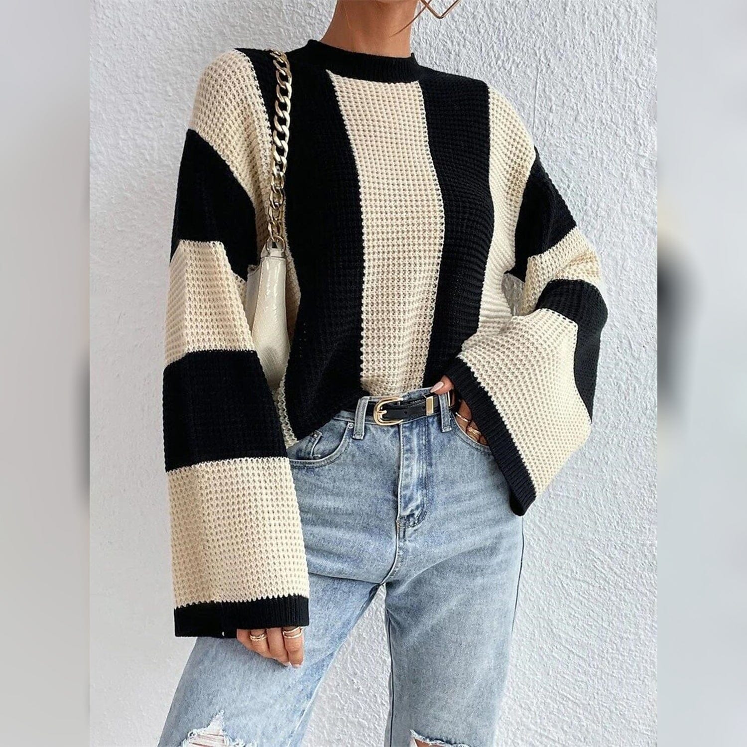 Women's Pullover Ribbed Knit Patchwork Striped Sweater Beige __stock:200 clothes refund_fee:1200 tops