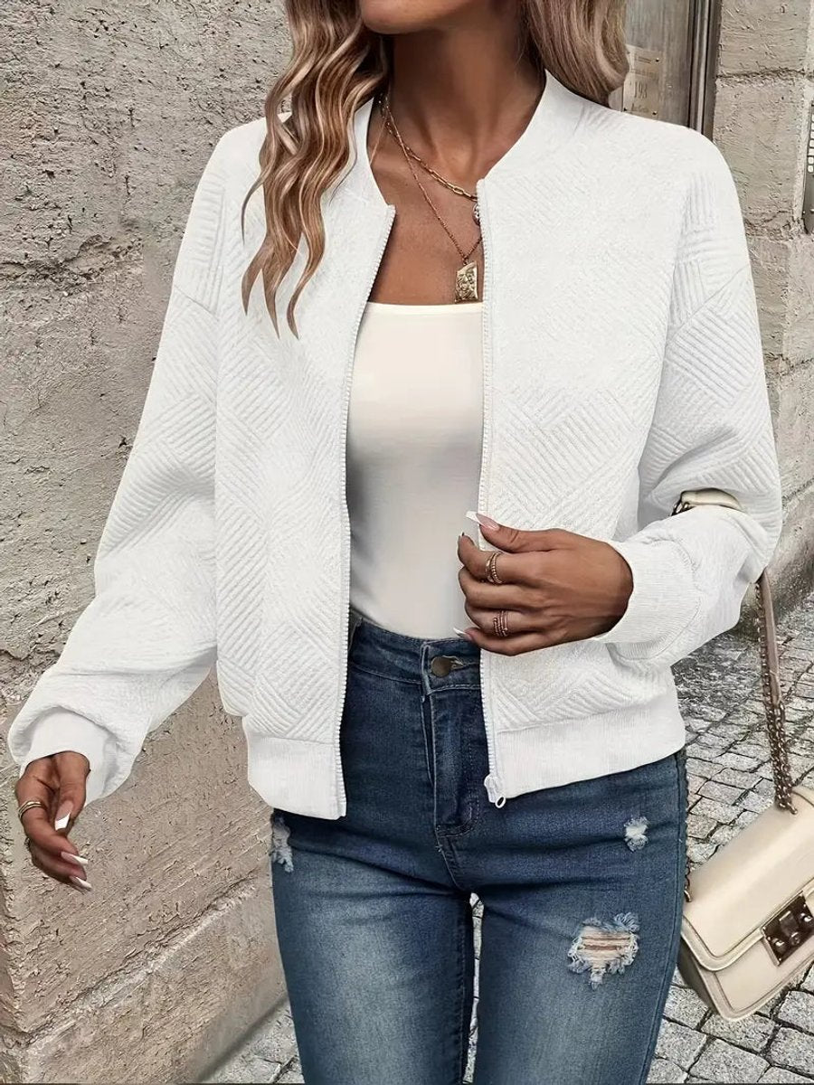 Textured Zip Front Long Sleeve Bomber Jacket