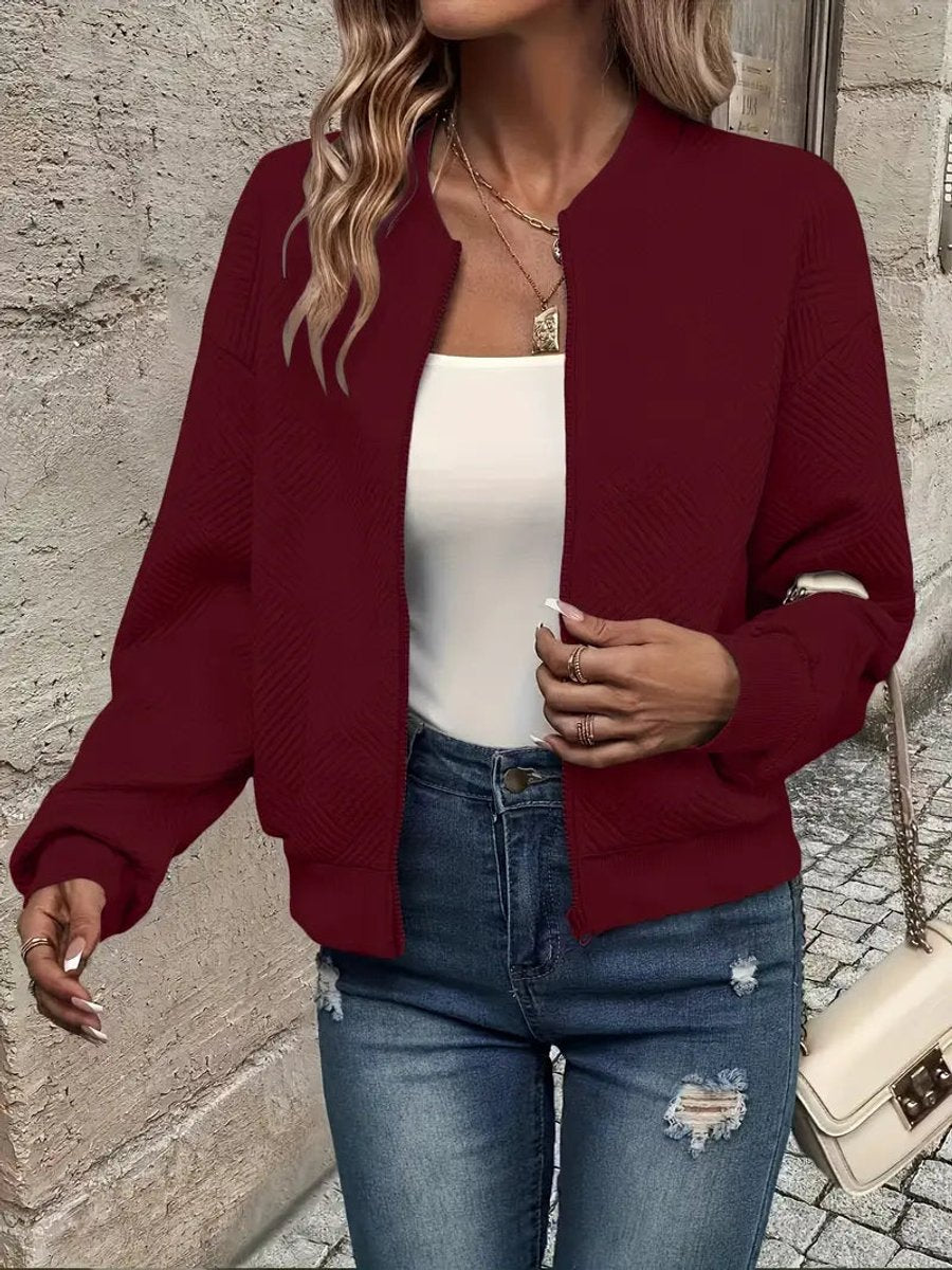 Textured Zip Front Long Sleeve Bomber Jacket