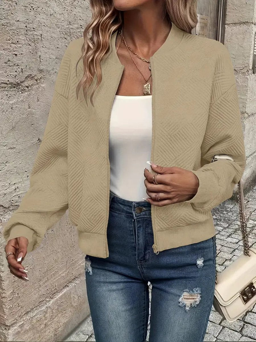 Textured Zip Front Long Sleeve Bomber Jacket