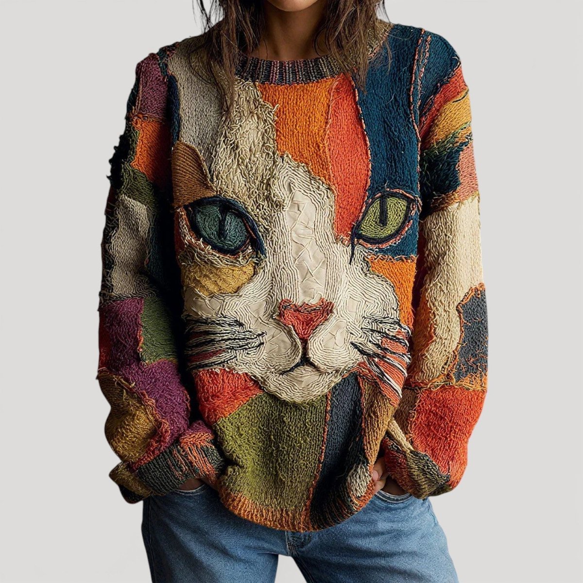 Cat Graphic Textured Crew Neck Knit Sweater