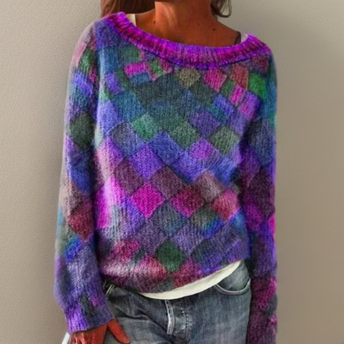 Boat Neck Long Sleeve Checkered Patchwork Knit Sweater