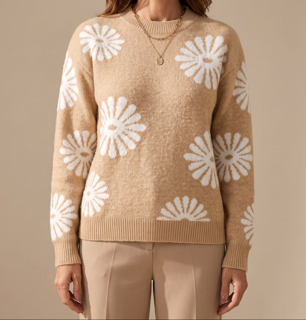 Crew Neck Daisy Floral Intarsia Knit Sweater