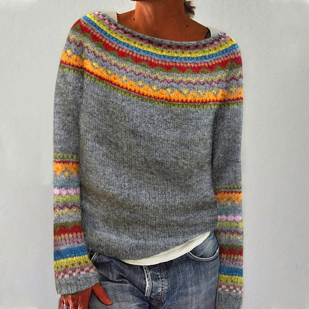 Fair Isle Boat Neck Long Sleeve Nordic Knit Sweater