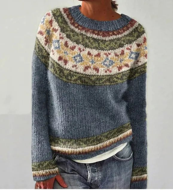 Fair Isle Boat Neck Long Sleeve Nordic Knit Sweater