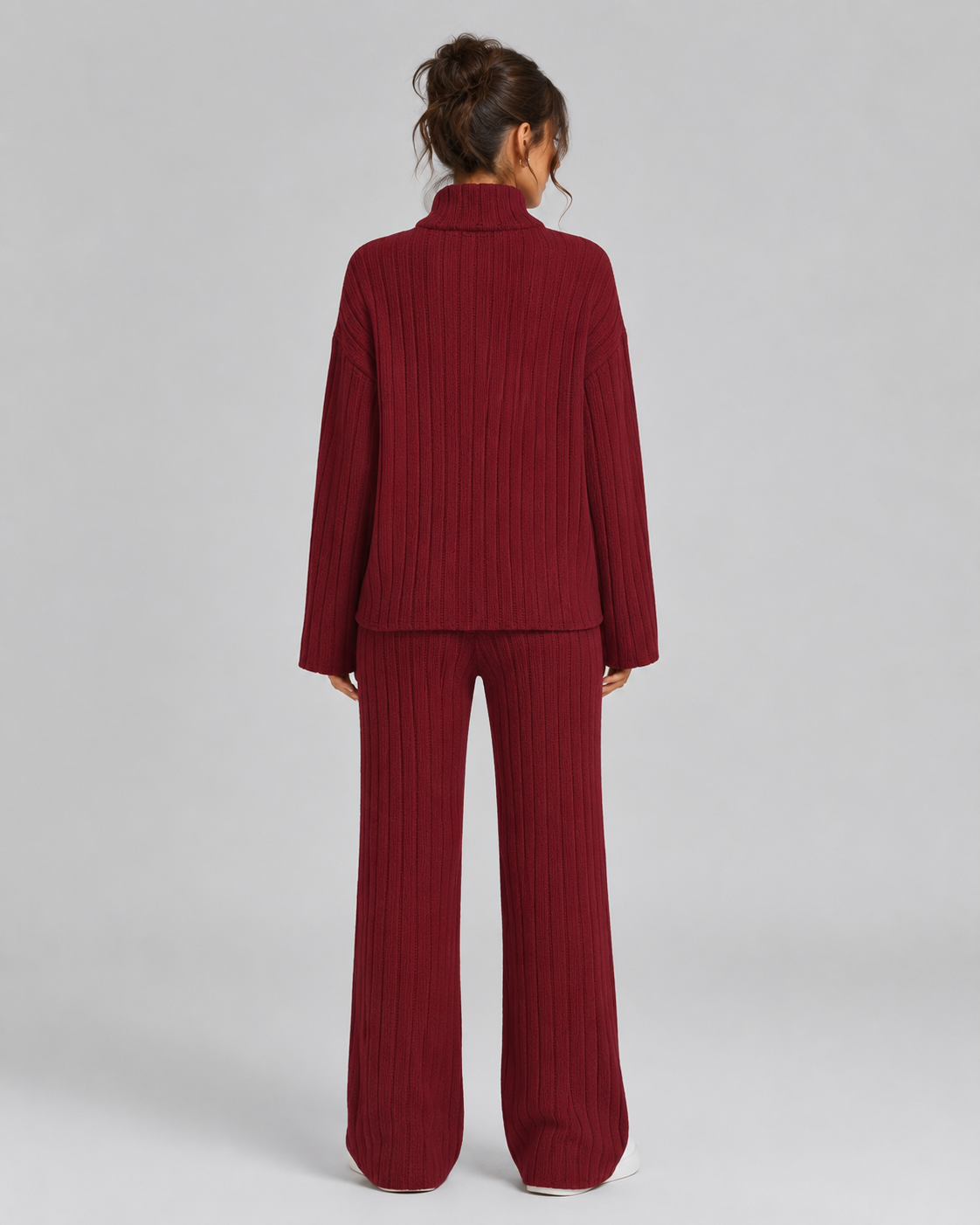 Women's Ribbed Roll Neck Knit Co-Ord with Wide-Leg Pants