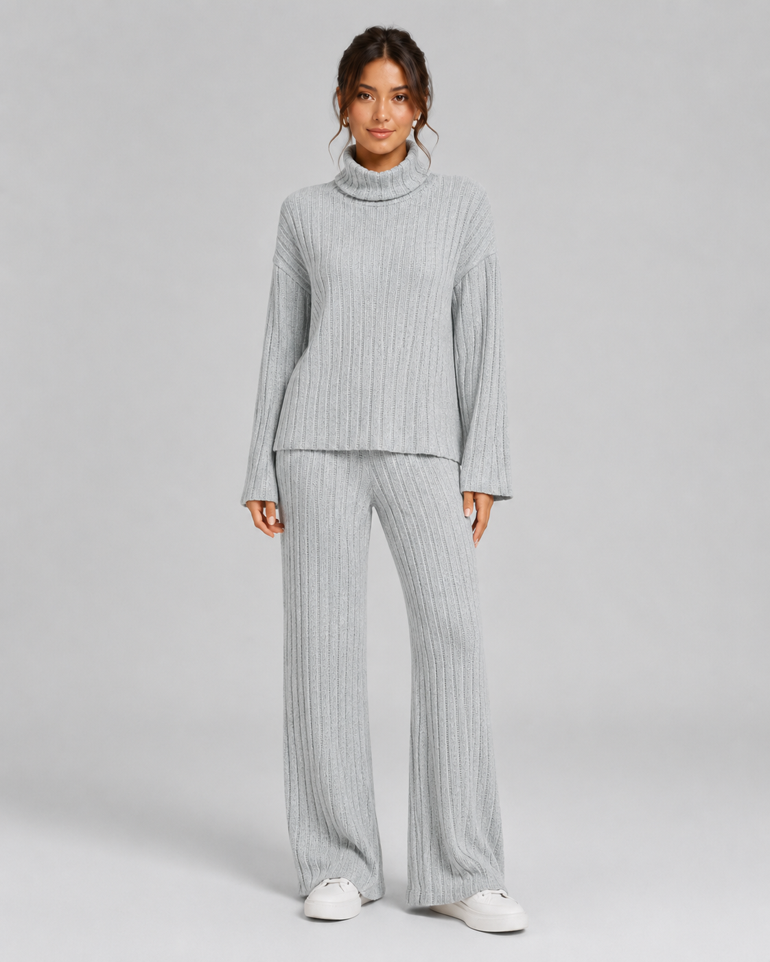 Women's Ribbed Roll Neck Knit Co-Ord with Wide-Leg Pants