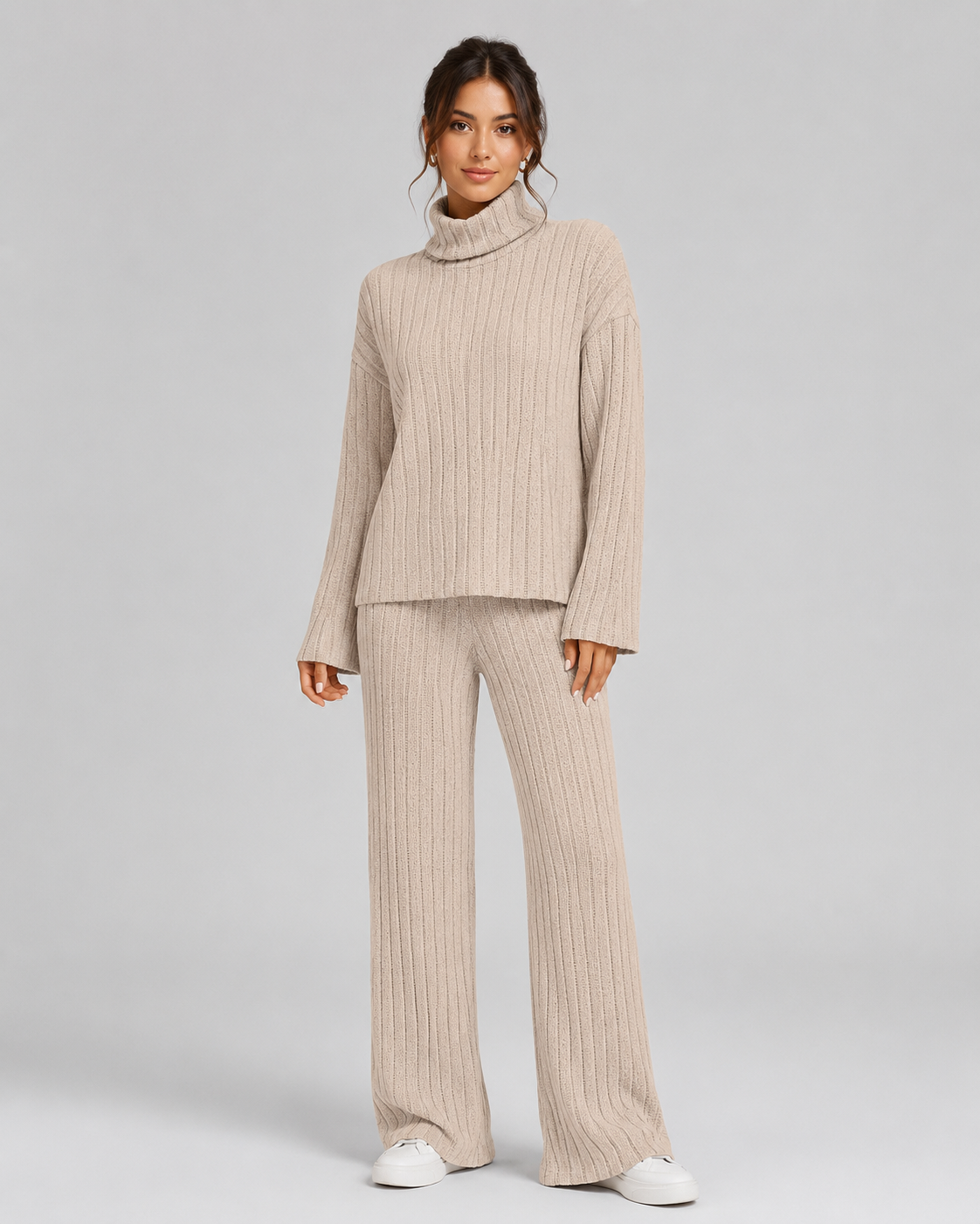 Women's Ribbed Roll Neck Knit Co-Ord with Wide-Leg Pants