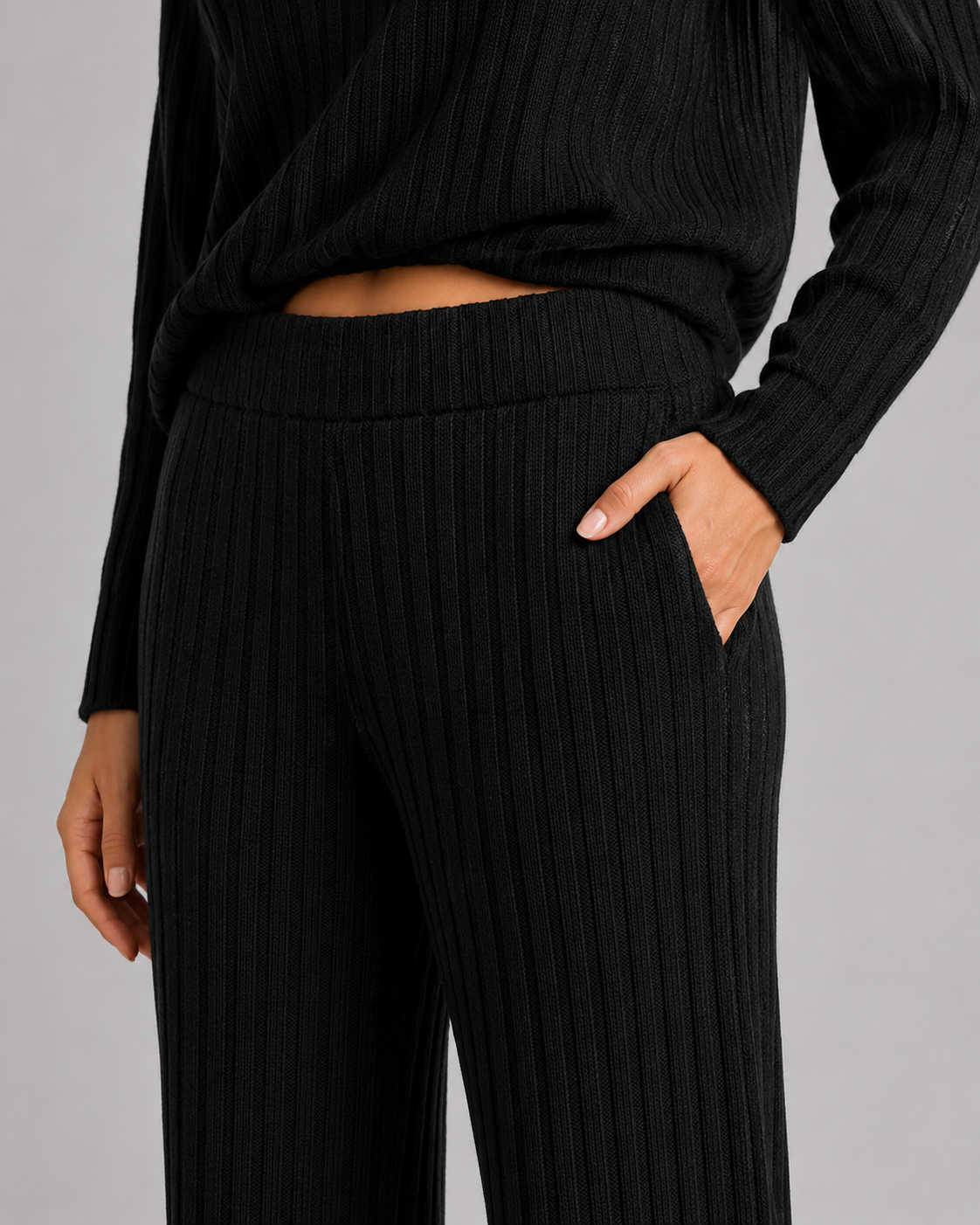 Ribbed Knit V-Neck Top and Wide Leg Pants Two Piece Set