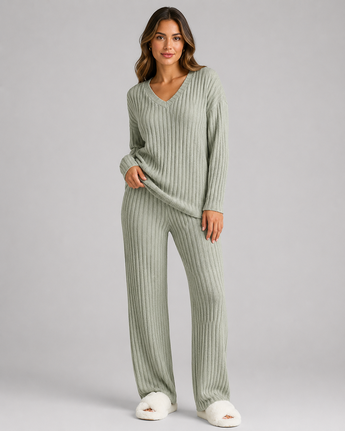 Ribbed Knit V-Neck Top and Wide Leg Pants Two Piece Set