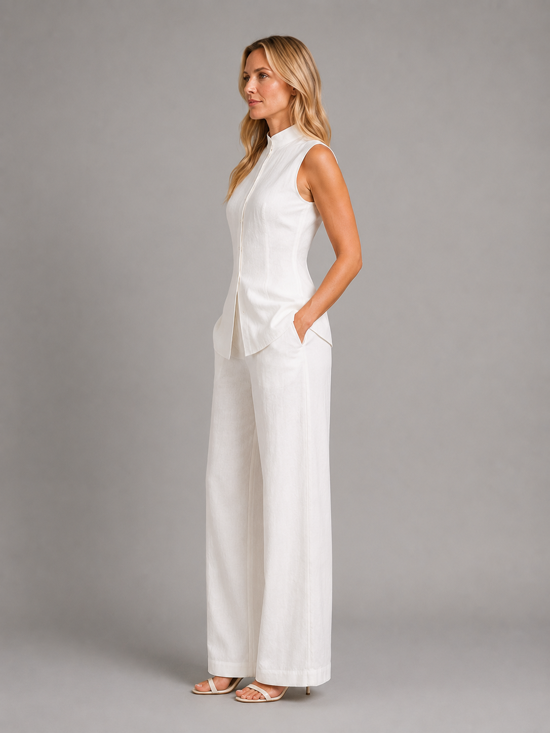 Sleeveless Band Collar Top and Wide Leg Pants Two Piece Set