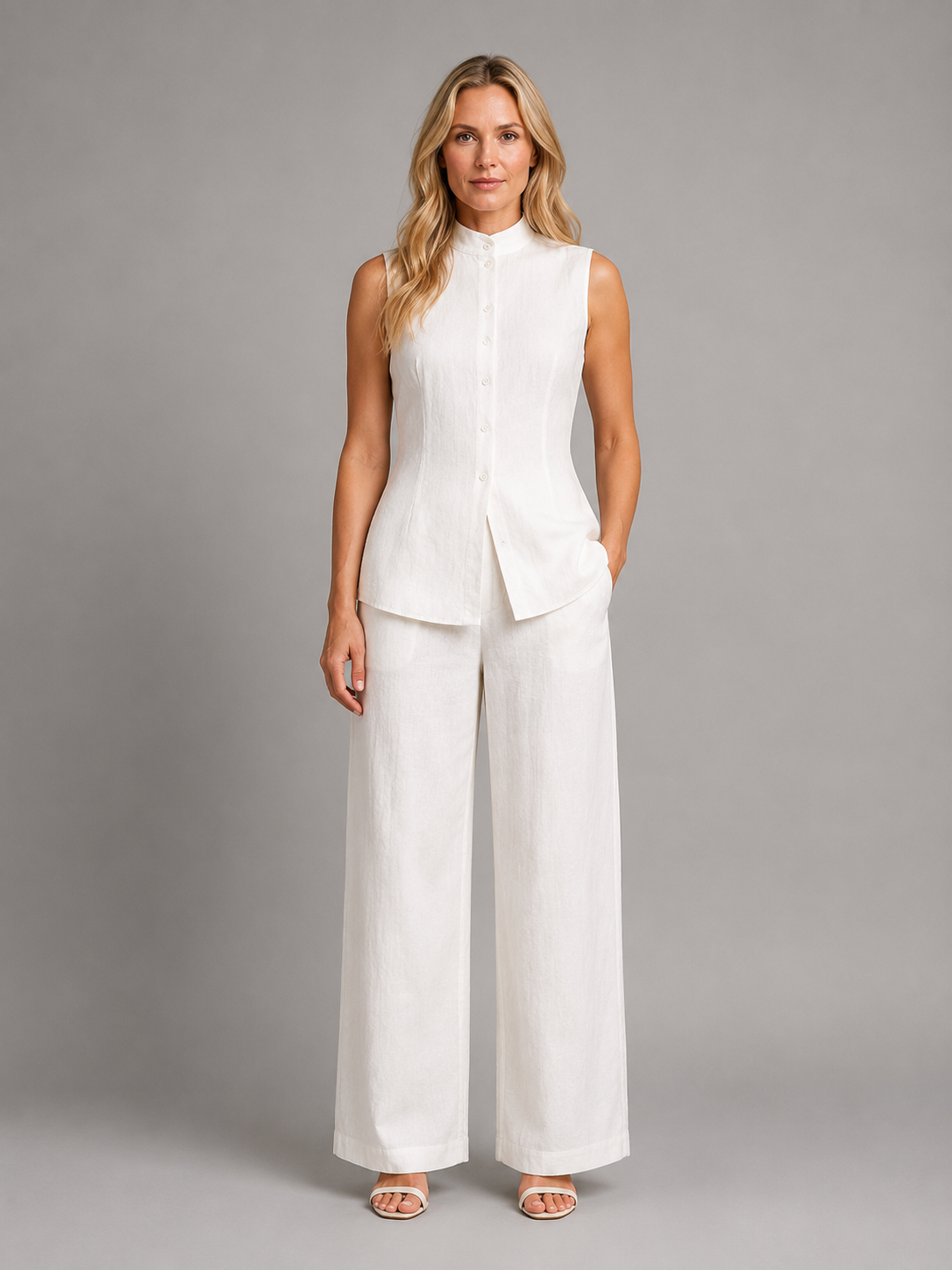 Sleeveless Band Collar Top and Wide Leg Pants Two Piece Set