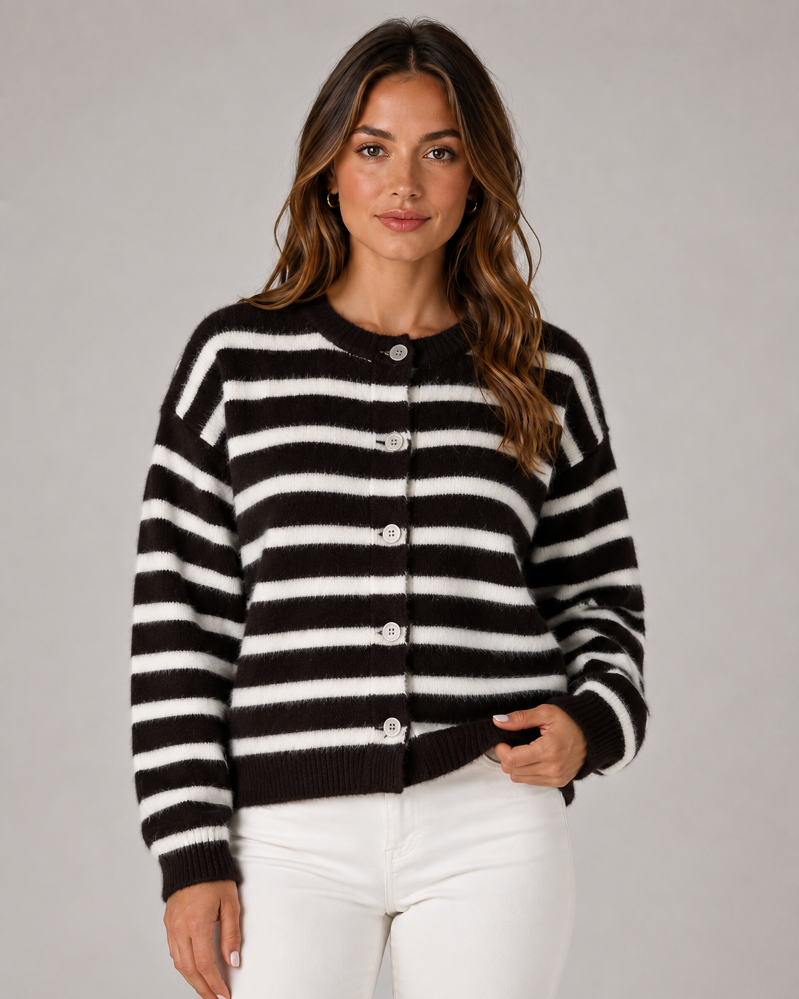Striped Crew Neck Button Front Fuzzy Knit Cardigan
