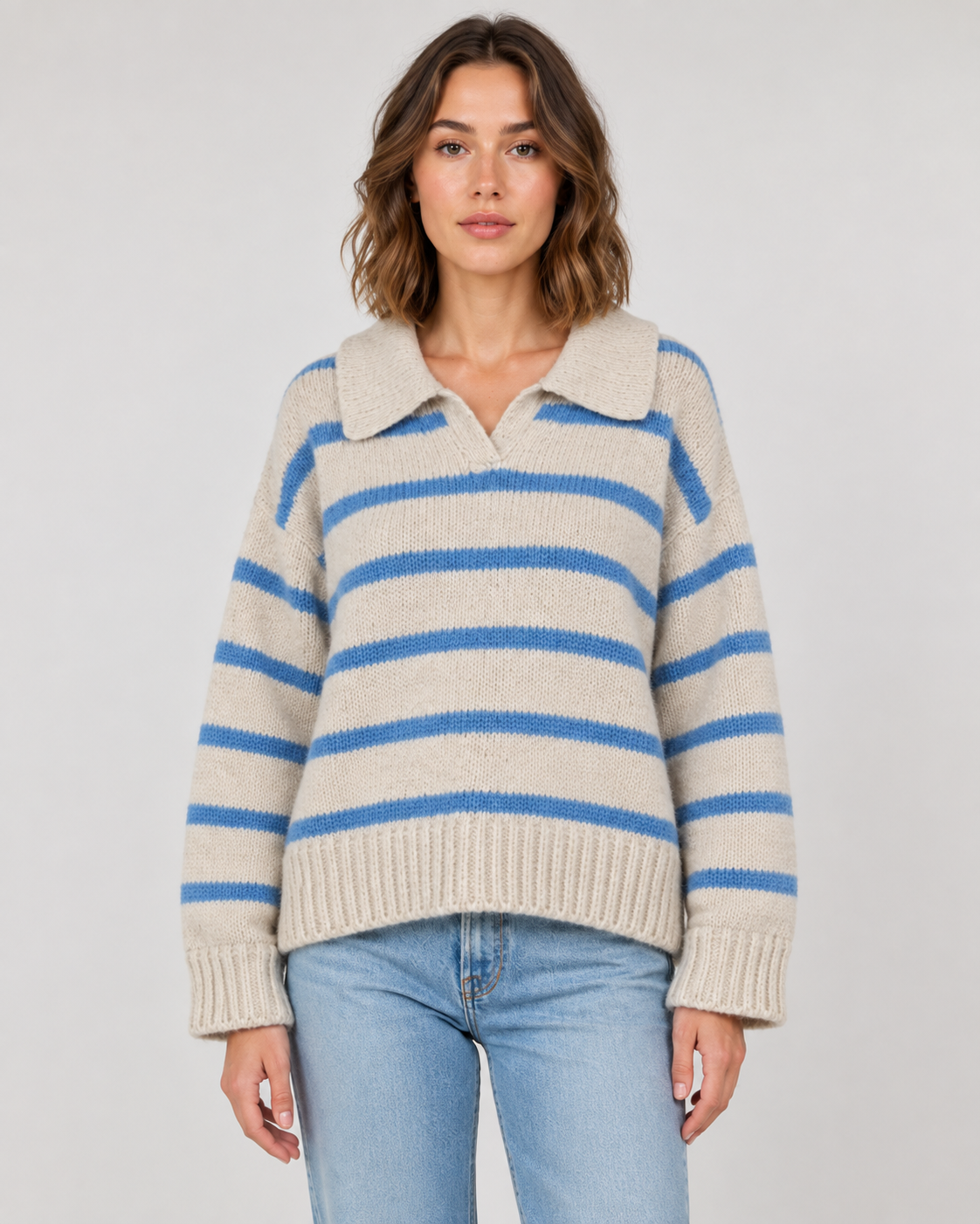 Striped Polo Collar Long Sleeve Knit Sweater